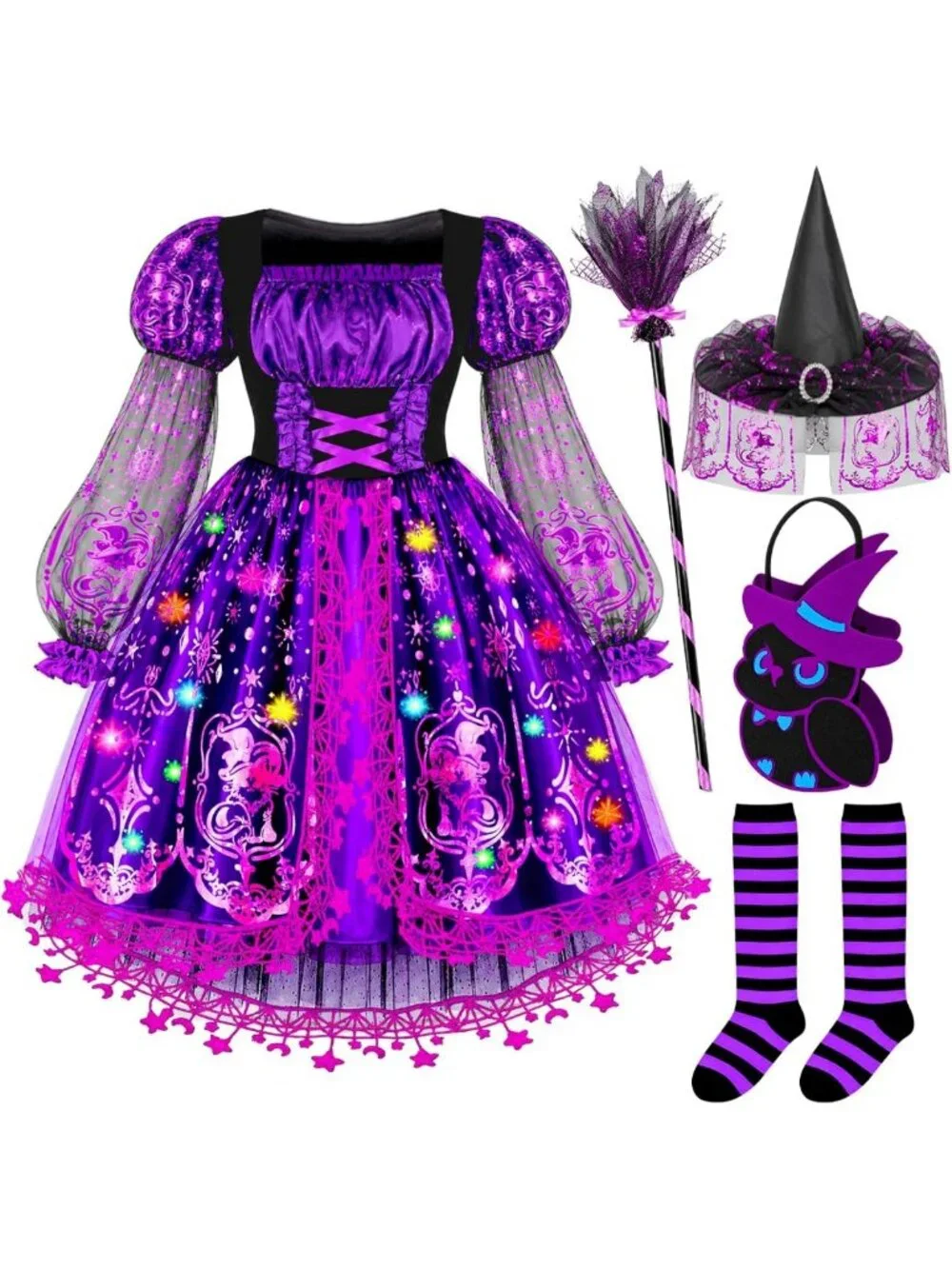 Light Up Witch Costume for Girls, Spooky Halloween Outfit for Kids 3-10